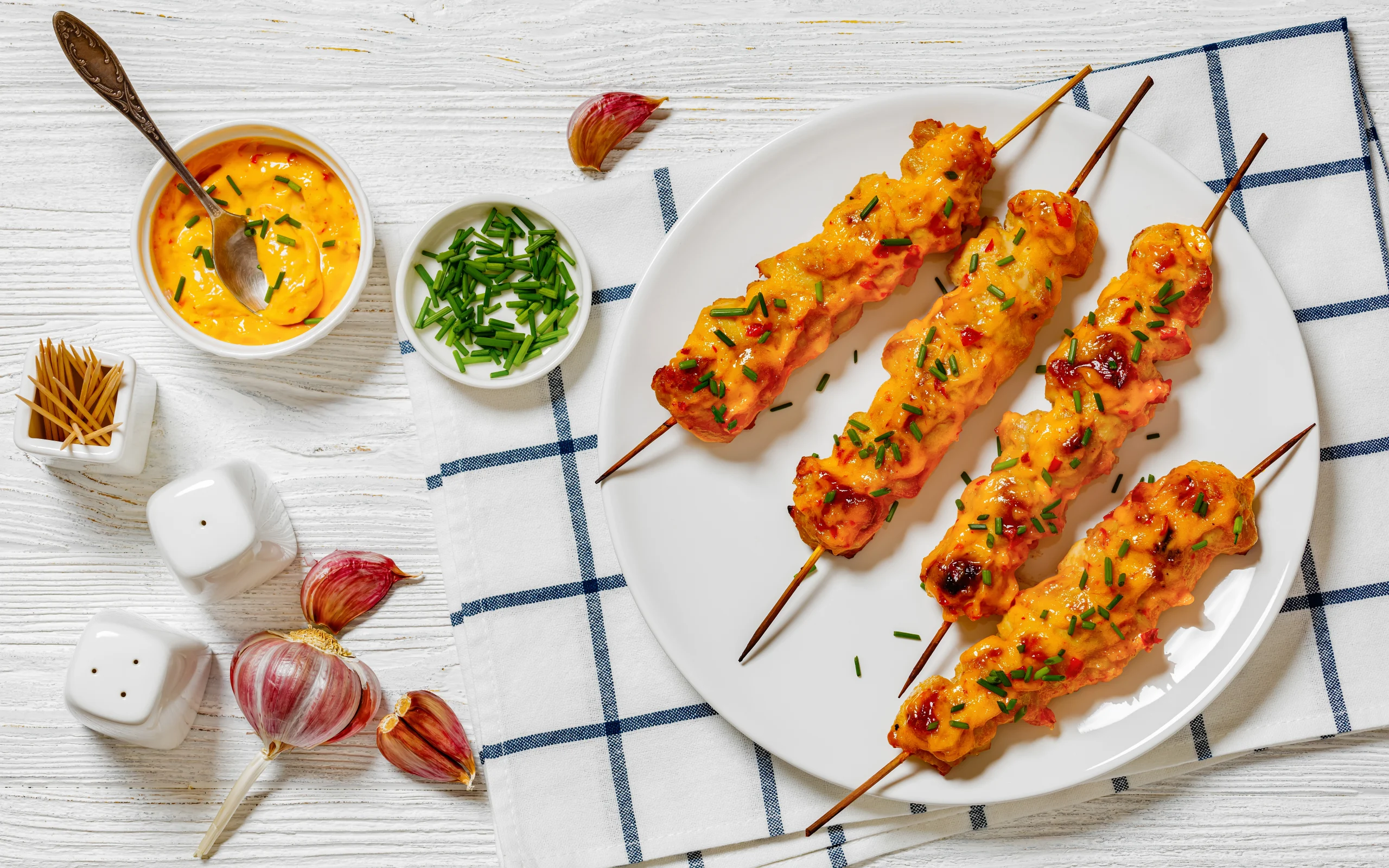 Delicious Spicy Bang Bang Chicken Skewers ready to serve